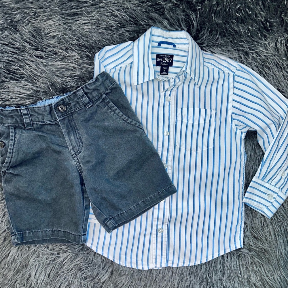 Cat & Jack Navy Shorts w/ Place Stripe Button Down. Boys Size 4T